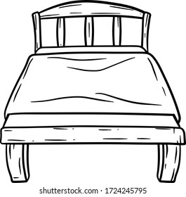 Old Bed. Bedroom and room element. Place to sleep and relax. Furniture and a blanket. Black and white hand-drawn illustration. Cartoon picture.
