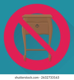 Old bedside table with a circular red strikethrough prohibition symbol on a blue background with long shadow in flat design style