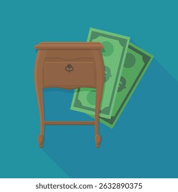 Old bedside table with a wad of dollars on a blue background with a long shadow (flat design)