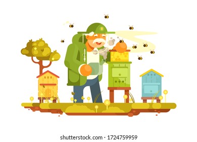 El viejo apicultor en la ilustración vectorial de jardinería de abejas. Apiario en pintoresco lugar verde de diseño de estilo plano. Enjambre de abejas, colmenas. Apicultura, concepto apícola