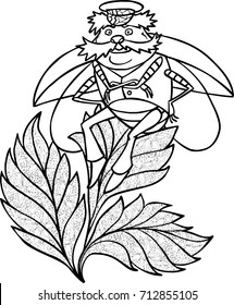 The old beetle in a cap and clothes sits on three leaves of grass