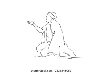 An old beggar begging on the street. Homeless one-line drawing