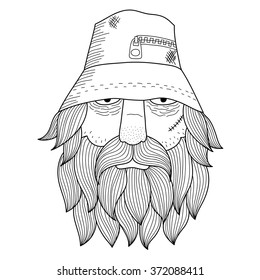 Old beggar head with long hairs and beard. Isolated vector illustration.