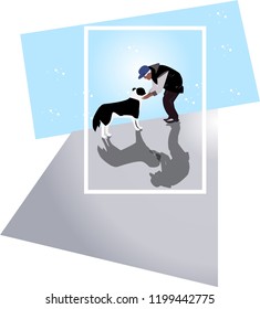 Old beggar man playing with dog in vibrant white scene. Generosity and kindness concept.