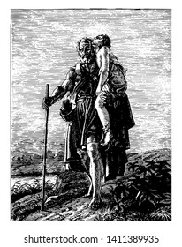 An old beggar-looking person holding a wounded child in his lap and walking with the help of a stick, vintage line drawing or engraving illustration.