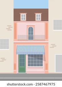 Old beige house with vertical windows and shop window. Vector flat illustration.