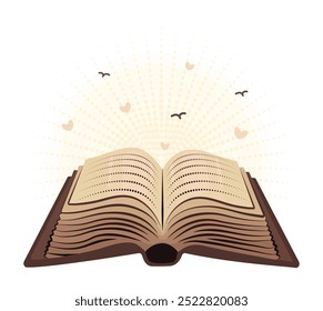 Livro aberto bege antigo com texto abstrato, luz, pássaros e corações, literatura academia escura, diário vintage grosso, ilustração de cor vetorial