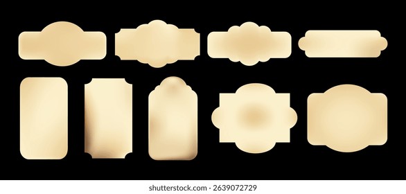 Old beige vintage label templates set with classic shapes and gradient fills on black background, product packaging, branding, invitations, gift tags.Beige Tag and Label Templates vector illustration