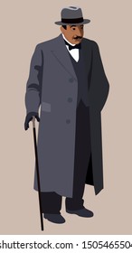 Old Belgain detective in gray coat, bowler hat, gloves and with walking stick. Vector illustration