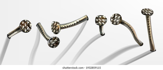 Old bent iron nails hammered into wall, rusty spikes with circle head. Vector realistic set of metal pins with rust, hardware hobnails, carpentry and construction tools isolated on white background