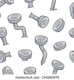 Old bent nail hammer vector seamless pattern, metal rusty cartoon pins isolated on white background. Carpentry concept. Abstract illustration