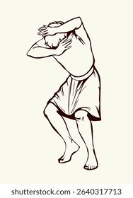 Old bible age east israel jew slave boy sad upset white wind bee wasp Close up young adult jewish guy crouch bow raise away arm show worry beat hit pain retro biblic story hand drawn sketch art symbol