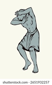 Old bible age east israel jew slave boy sad upset white wind bee wasp Close up young adult jewish guy crouch bow raise away arm show worry beat hit pain retro biblic story hand drawn sketch art symbol
