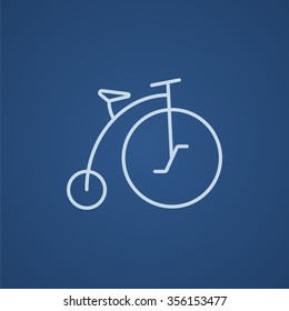 Old bicycle with big wheel line icon for web, mobile and infographics. Vector light blue icon isolated on blue background.