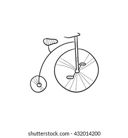Old bicycle with big wheel vector sketch icon isolated on background. Hand drawn Old bicycle with big wheel icon. Old bicycle with big wheel sketch icon for infographic, website or app.