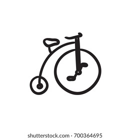 Old bicycle with big wheel vector sketch icon isolated on background. Hand drawn Old bicycle with big wheel icon. Old bicycle with big wheel sketch icon for infographic, website or app.