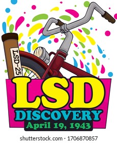 Old bicycle design with LSD-25 container spraying colorful spots and sign to commemorate the LSD discovery or "Bicycle Day".