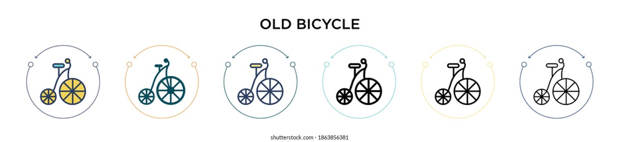 Old bicycle icon in filled, thin line, outline and stroke style. Vector illustration of two colored and black old bicycle vector icons designs can be used for mobile, ui, web