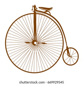 An old bicycle with a large wheel, on the background of a banner and laurel branches. Old school tattoo style.