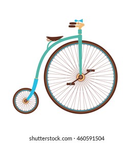 Old bicycle on white background. Vintage bicycle in vector isolated on white.