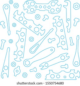 Old bicycle tools in a workshop. Spanners, screwdrivers, nuts and bolts.