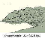 Old big black ink hand drawn fall dale rocky crag cliff slope scenic artist view travel rest trail track way oak retro art doodle style. Line brook creek bay shrub flower scene white cloud text space