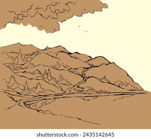 Old big black ink hand drawn fall dale rocky crag cliff slope scenic artist view travel rest trail track way oak retro art doodle style. Line brook creek bay shrub flower scene white cloud text space