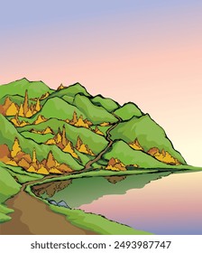 Old big black ink hand drawn fall dale rocky crag cliff slope scenic artist view travel rest trail track way oak retro art doodle style. Line brook creek bay shrub flower scene white cloud text space