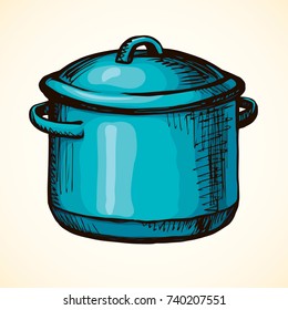 Old big ceramic teal fryer isolated on white backdrop. Freehand bright cyan color hand drawn picture sketchy in art vintage scribble style. View closeup with space for text