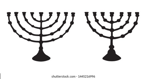 Old big chanuka. Hanukka candelabrum. Dark ink hand drawn chanukkah logotype. Judaic hanukah in art etching style on white paper. Closeup chanukah view. Hanuka (hanukkiah, channukah, chanukiah) emblem