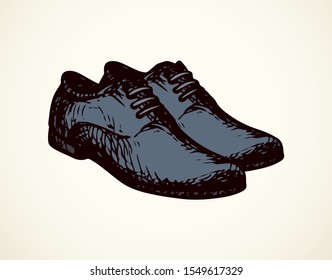 Old big classic doeskin mocassin on light backdrop. Freehand outline dark ink hand drawn sneakers logo emblem insignia in retro art doodle cartoon style pen on paper space for text. Side closeup view