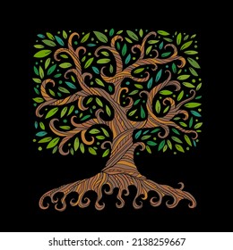 Old big family tree with roots. Isolated on black background. Concept Art for your design. Design interior ideas.