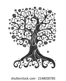 Old big family tree with roots. Isolated on white background. Concept Art for your design. Design interior ideas.