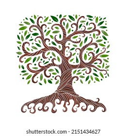 Old big family tree with roots. Isolated on white background. Concept Art for your design. Design interior ideas.