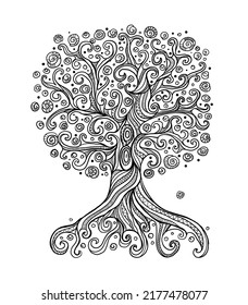 Old big family tree with roots. Isolated on white background. Concept Art for your design. Design interior ideas. Colouring page