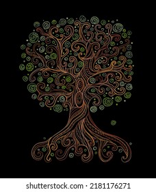 Old Big Family Tree With Roots On Black Background. Concept Art For Your Design. Design Interior Ideas.