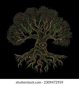 Old big family tree with roots isolated on black. Concept Art for your design. Design interior ideas.