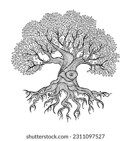 Old big family tree with roots isolated on white. Concept Art for your design. Design interior ideas.