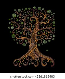 Old big family tree with roots on black background. Concept Art for your design. Design interior ideas.