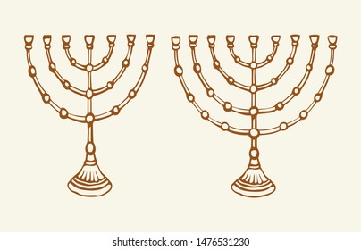 Old big judaic chanukah heritage souvenir. Freehand line black ink hand drawn hanuka faith picture logo emblem sketchy in retro art scribble cartoon style pen on white paper background. Closeup view