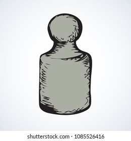 Old big load gray iron kettlebell gram set isolated on white backdrop. Freehand linear black ink hand drawn logo picture sketchy in retro scribble style pen on paper. Closeup view with space for text