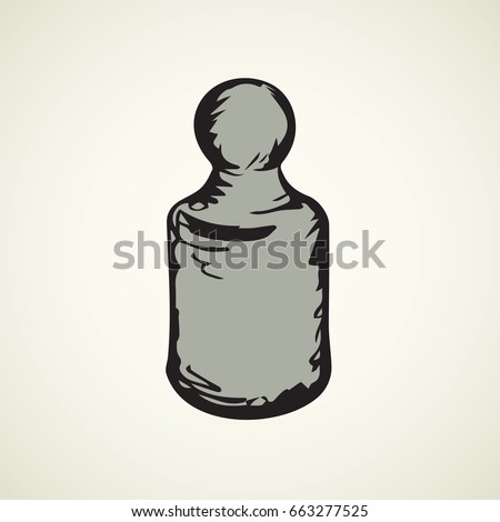 Old big load gray iron kettlebell gram set isolated on white backdrop. Freehand linear black ink hand drawn logo picture sketchy in retro scribble style pen on paper. Closeup view with space for text