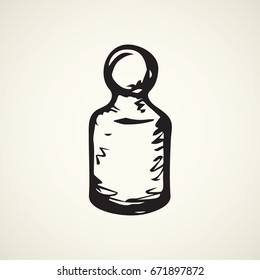 Old big load iron kettlebell gram isolated on white backdrop. Freehand linear black ink hand drawn picture logo sketchy in retro scribble style pen on paper. Closeup view with space for text