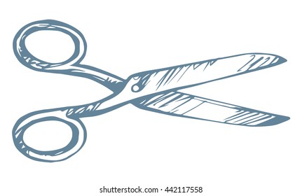 Old big open grey snip clippers cutter isolated on white background. Freehand outline ink hand drawn picture sketchy in art scribble retro style pen on paper. Closeup view with space for text