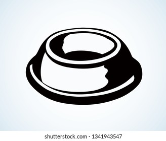 Old big steel circle shape tray on white floor space for text. Freehand line black ink hand drawn mammal treat meat utensil object logo banner design in art modern doodle style. Closeup top macro view