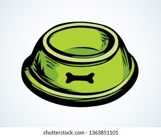 Old big steel circle shape tray on white floor space for text. Bright green color hand drawn mammal treat meat utensil object logo banner design in art modern doodle comic style. Closeup macro view
