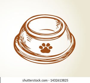 Old big steel circle shape tray on white floor space for text. Freehand line black ink hand drawn mammal treat meat utensil object logo banner design in art modern doodle style. Closeup top macro view