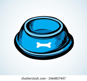 Old big steel circle shape tray on white floor space for text. Bright blue color hand drawn mammal treat meat utensil object logo banner design in art modern doodle comic style. Closeup top macro view