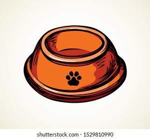 Old big steel circle shape tray on white floor text space. Bright orange color hand drawn mammal treat meat utensil object logo banner design in art modern doodle comic style. Closeup top macro view
