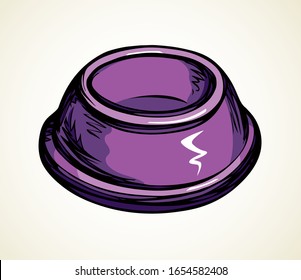 Old big steel circle shape tray on white floor text space. Bright purple color hand drawn mammal treat meat utensil object logo banner design in art modern doodle comic style. Closeup top macro view